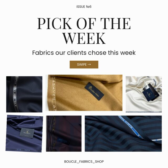 PICK OF THE WEEK
Issue №6
Every Friday — the fabrics our clients actually chose.
This week: six of the most coveted cloths in the world.
Vicuña Peru — Cashmere & Vicuña. The rarest natural blend that exists. Warm camel gold, brushed to a finish that feels like nothing else.
Scabal Noble Diamond — Super 200’s & Silk with real diamond fragments. Navy. Made in England. The pinnacle of what suiting cloth can be.
Scabal Pure Silk — midnight navy and ivory cream. Two weights of silence, woven.
Ariston Luxury Elastik — deep aubergine, Super 140’s, Italian. For the man who wears colour like a signature.
Doppio Ritorto Diamond 130’s — tonal wave stripe in navy. Invisible pattern until the light catches it.
These are not fabrics for everyone.
They are fabrics for those who already know the difference.
———
❓ Which number is yours?
Details — in DM.
#bukle_fabrics_shop #pickoftheweek #scabal #nobledismond #vicuna